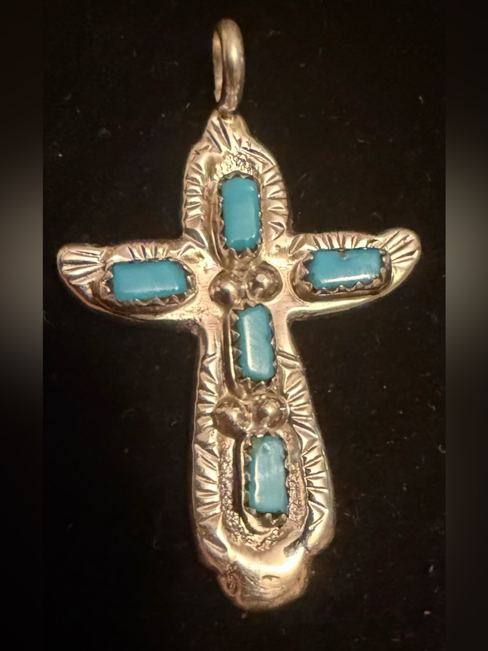 Zuni Kingman Turquoise Cross Pendant Sterling Silver Signed C Iule